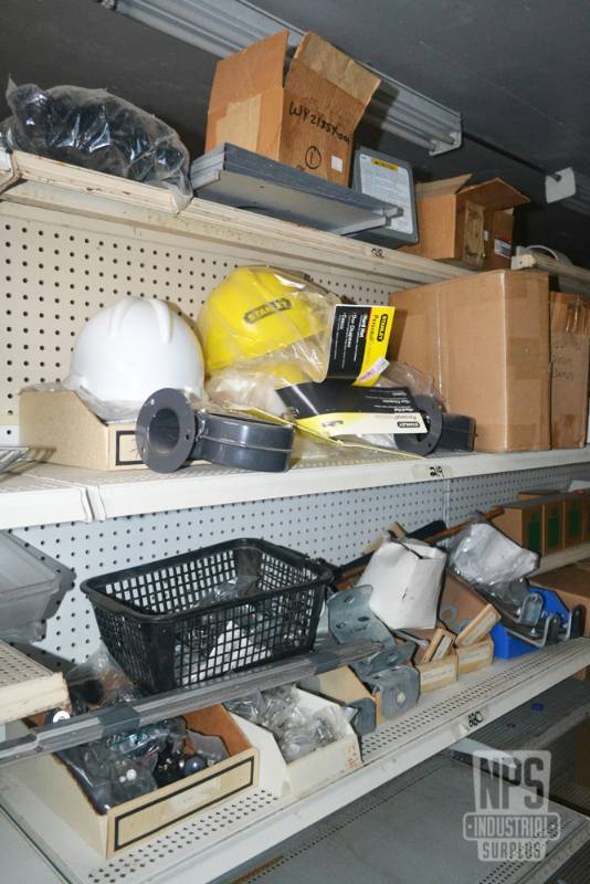 lot 150 image: Contents of Shelf 218,219,220 - Assorted Hardware, Hard Hats and More