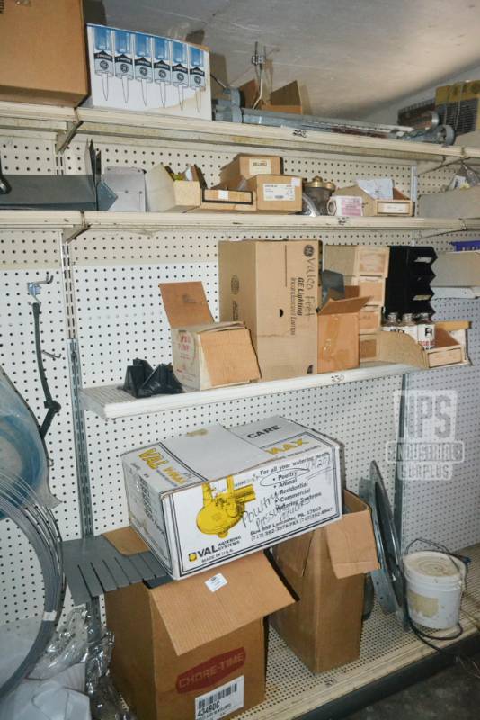 lot 153 image: Contents of Shelf 228,229,230,231,235  - Brass Valves, Hardware and Assorted Ag Supplies