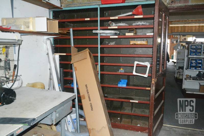 lot 159 image: Contents of Metal Shelf and Hardware in Corner - Includes Shelf