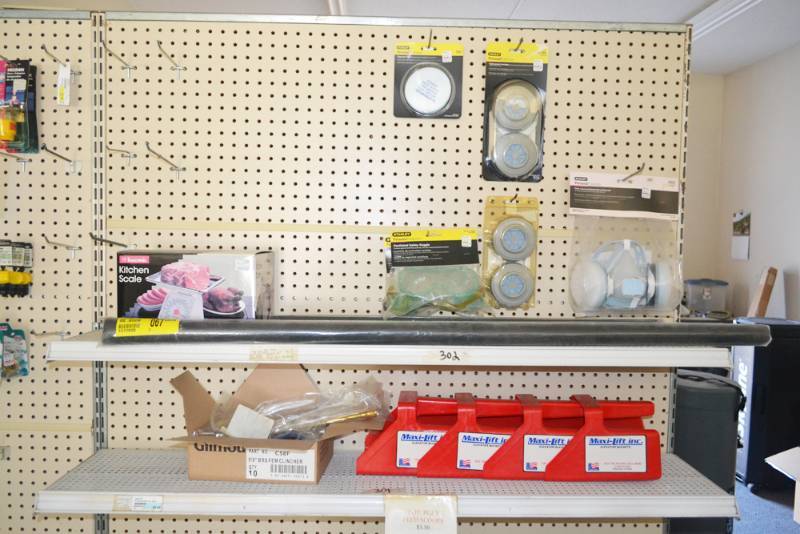 lot 181 image: Contents of Shelf 301,302  Items on Pegboard above Shelf 301 - Scale, Elevator Buckets, Respirator  Parts and More