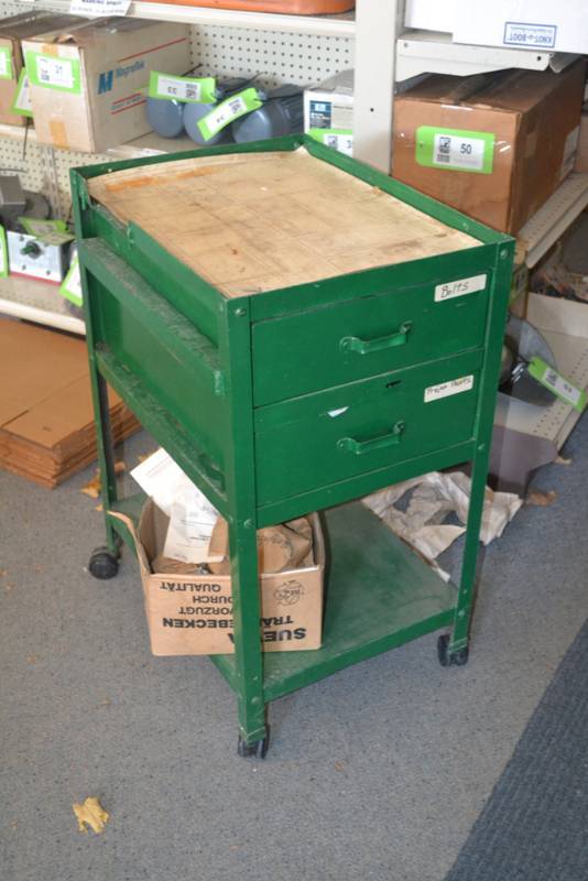 lot 232 image: Cart on Wheels 24 x 18 x 34 w Drawer and Contents