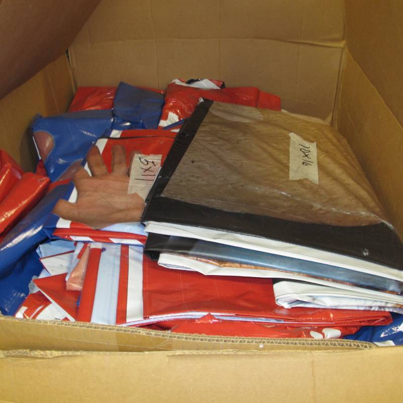 lot A2 image: Pallet of 20 mixed 13 oz Recycled Billboard Tarps - Medium-Heavy Duty - Print on 1 Side - 1645 Sq Ft - 204 lbs