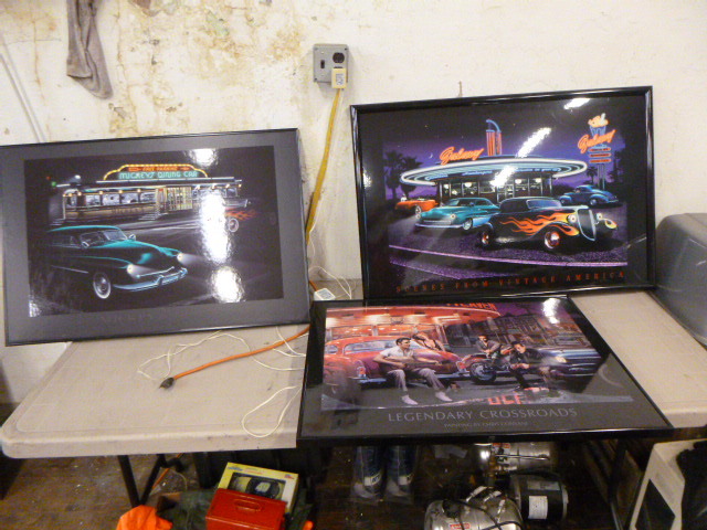 lot 26 image: 3 Light Up 50s Theme Framed Pictures