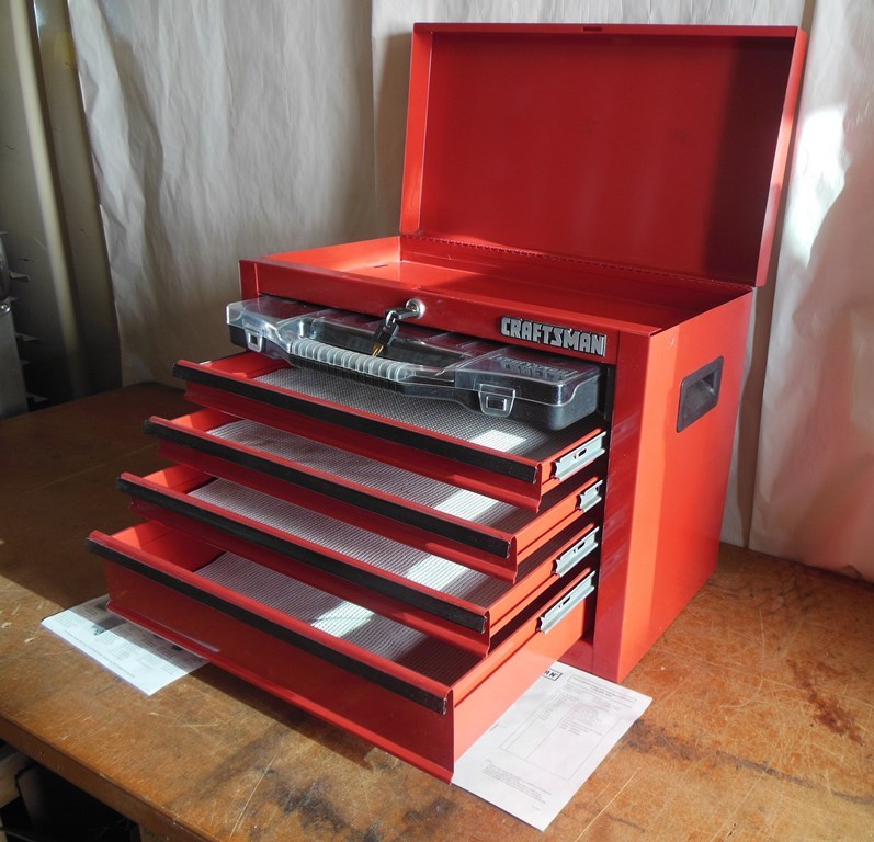 lot 1A image: Craftsman Red 4 Drawer Toolbox with Key, Lock Bar and Pull out Tool  Hardware Caddy