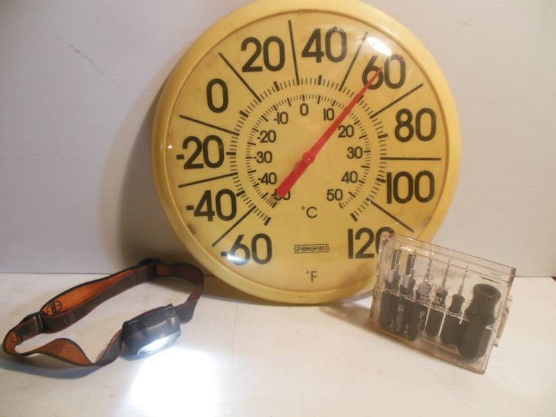 lot 240 image: Large Wall Thermometer, Headlight, and Tool Set