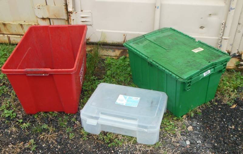 lot 256 image: Three Plastic Bins  Totes - Could Help Hold Your Winning Lots  See Notes