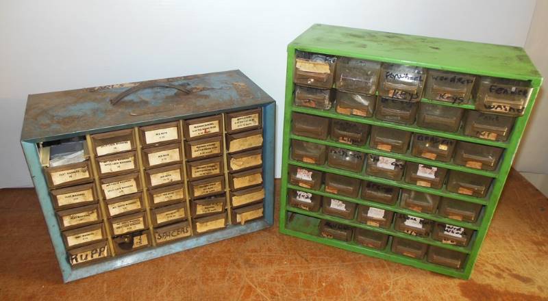 lot 53 image: Two Metal Parts Boxes, Including Blue Karls Parts Box and Green Box - parts included