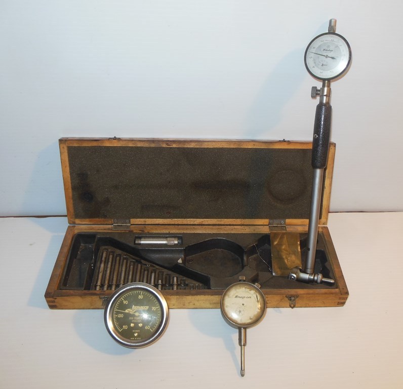lot 63 image: Mitutoyo Cylinder Gauge in Wooden Box (.0001 - .050 on gauge)  - See Markings on Box, Snap On Gauge and Longacre Air Density Percent Gauge