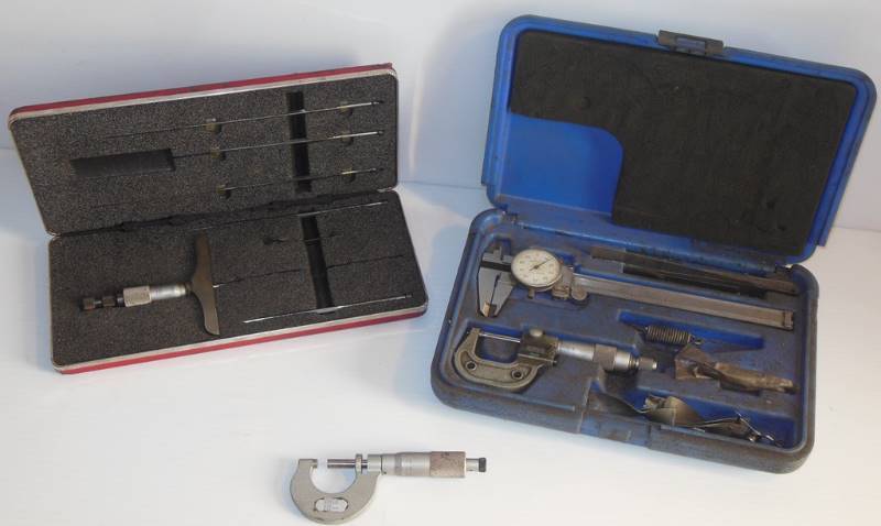 lot 73 image: L S Starrett Co. No. 445 Depth Micrometer Gauge In Original Case, Cenco 0-25mm Micrometer (Germany) and Other Caliper Items as Shown