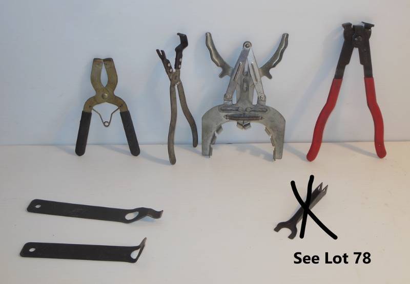 lot 77 image: Mechanic  Auto Tools Including OEM 25326 CV Boot Clamp Pliers, Ear Type Installer Tool for Fuel & Coolant Hose Pipe, Blue Point PRS 8 Opener  Expander-Type Tool, and Other Mechanics Tools