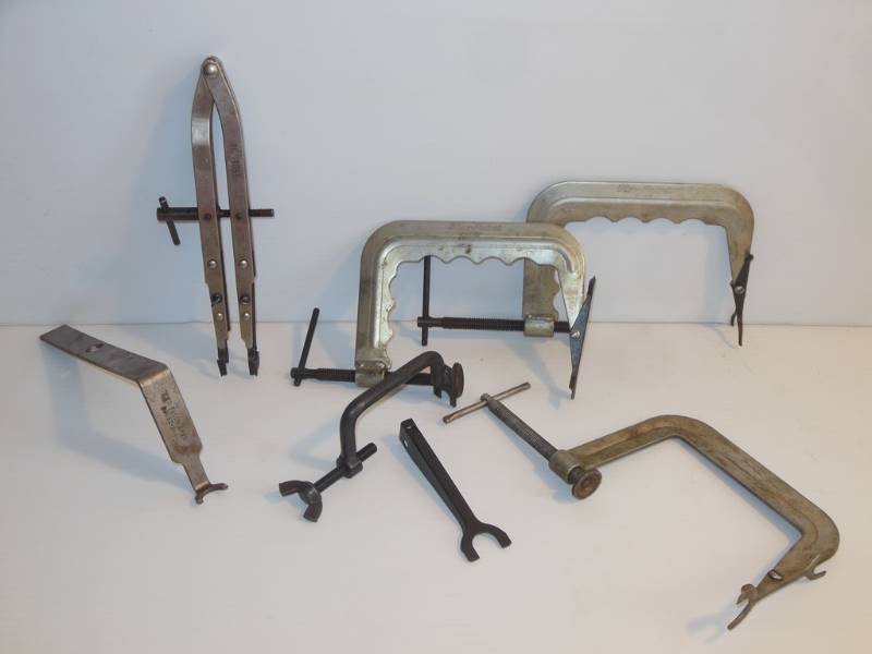 lot 78 image: Blue Point Compact C-Clamp Compressors Two 19 B and One CF 19A, Kent Moore J-26854 Seal Grommet Bushing Remover, Briggs & Stratton 19063 Valve Spring Compressor and Small Engine Valve Spring Compressor (Marked 09916-19022, Made in Japan)