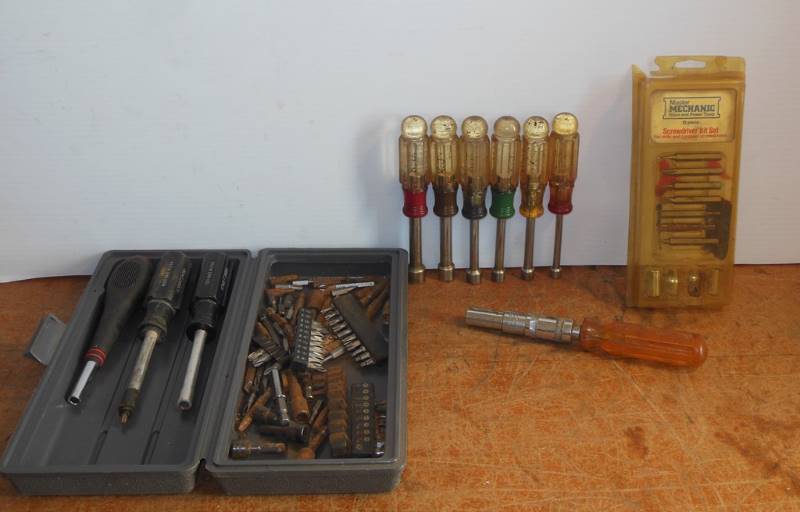 lot 80 image: Craftsman Nut Drivers Marked KJ (Karls Initials)  12, 716, 38, 1132, 516, 14  inch markings, Master Mechanic Screwdriver Bit Set, Three Additional Nut Drivers and Miscellaneous Bits