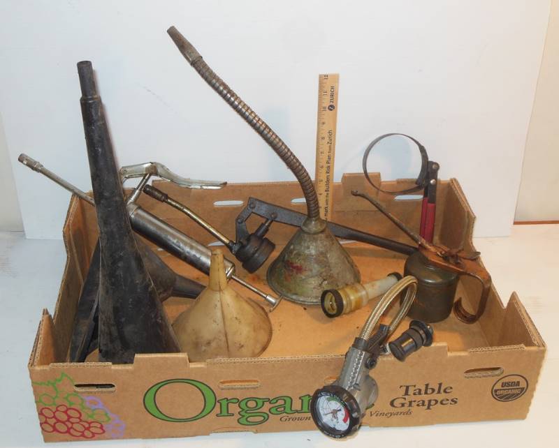 lot 99 image: Grease Guns, Oil Cans, Funnels,  Filter Wrench, AC Pro AC Recharge Gauge and Hose