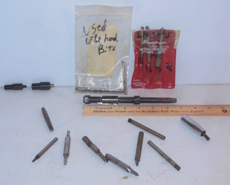 lot 115 image: Bag with writing Used Left Hand Bits and a Snap-on Drill Bit Case with writing LH TAPS in on back Old Used 7-14-97 KJ  AND  Part 2 of Interesting Assortment of Possible Finds - and some broken bits that had been kept