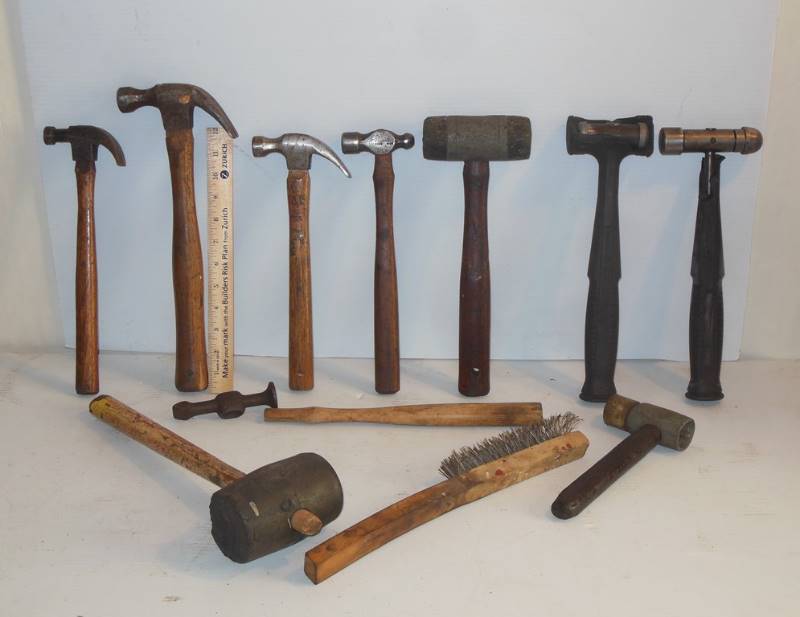 lot 136 image: All seem solidly on their handles Vintage Hammers as well as Sledge, Dead Blows, Snap-on customized Mallet, Wire Brush, Top Grade Hickory Handle and More
