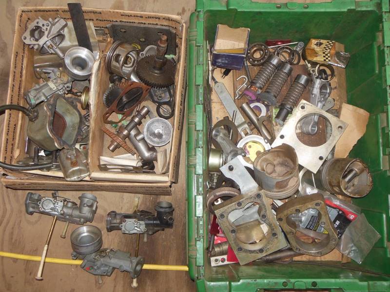 lot 142 image: Green Tote and Box filled with metal parts - Auto, Go Kart or Small Engine