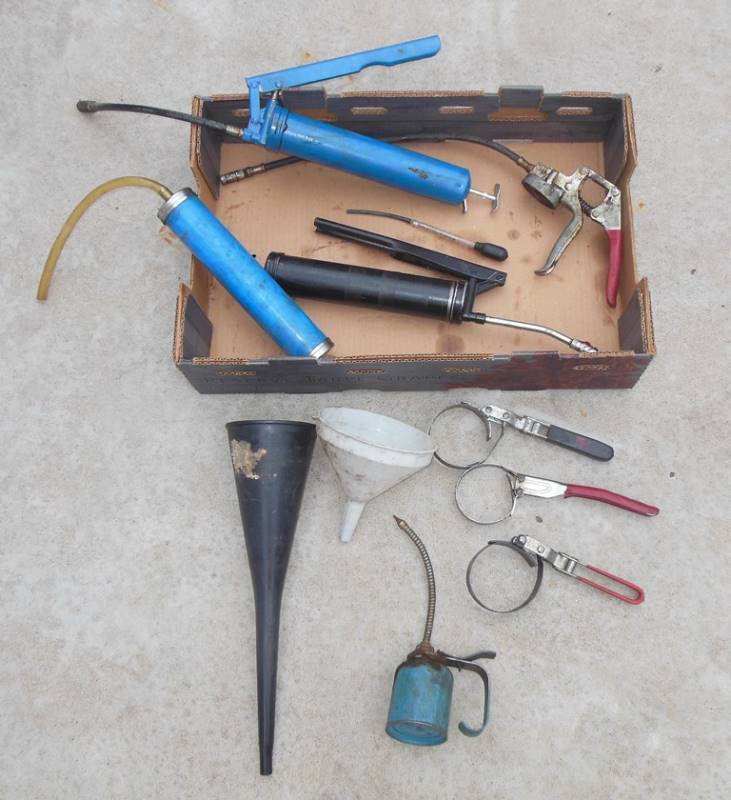lot 166 image: Grease Guns, Funnels, Filter Wrenches, Oil Can, Antifreeze and Coolant Tester