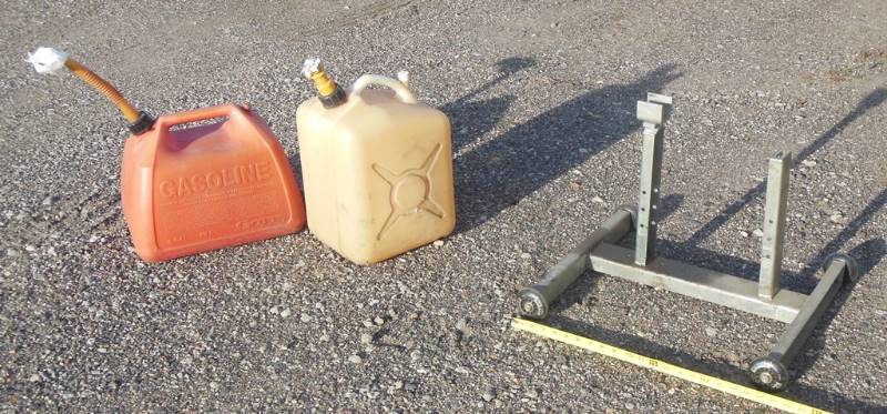 lot 195 image: Rolling Metal Support and Two Plastic Fuel Cans