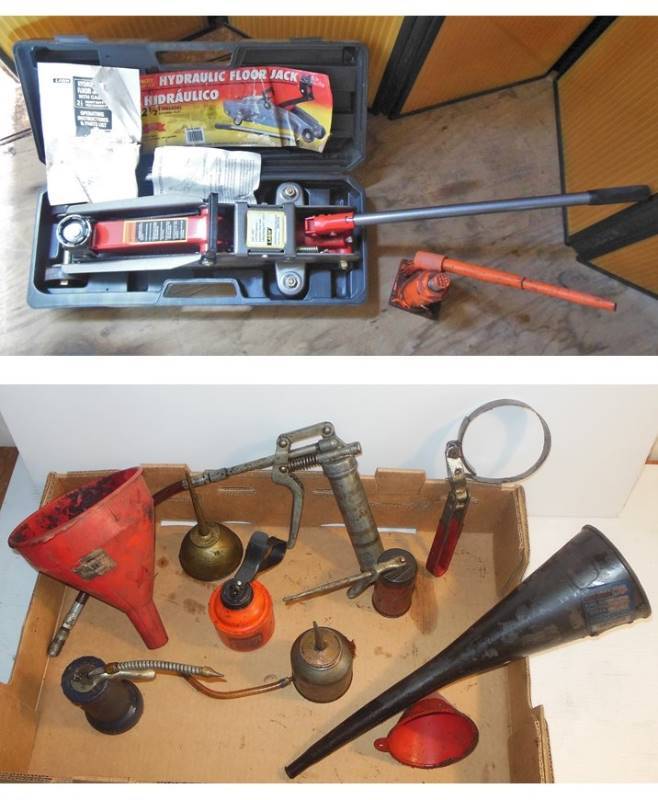 lot 88 image: Small FJT Brand Bottle Jack and 2 12 Ton LARIN Brand Hydraulic Floor Jack in Case (SEE NOTES)  AND Grease Guns, Oil Cans, Funnels and Filter Wrench