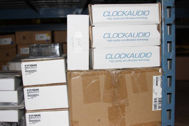 lot 74 image: HUGE 8 Shelf Lot of Miscellaneous Pro Audio & Video Items - Mostly New in Box