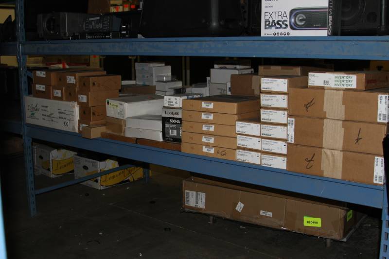 lot 93 image: HUGE 8 Shelf Lot of Miscellaneous Pro Audio & Video Items - Mostly New in Box