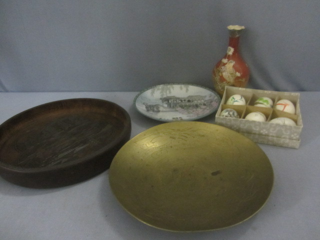 Oriental Brass Plate, Wood Bowl, Painted Eggs