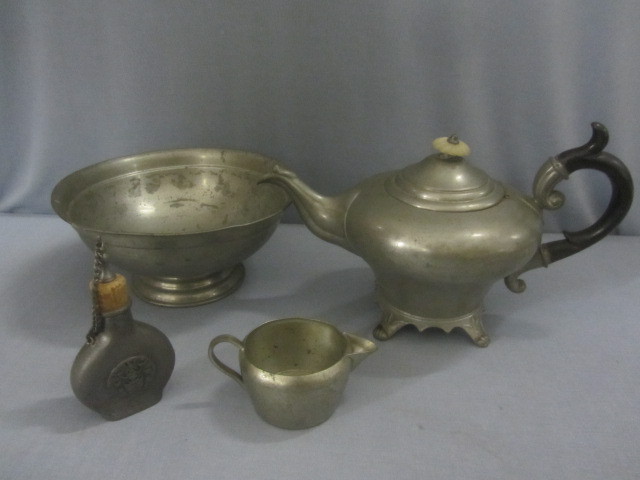 Pewter Teapot, Creamer, Flask