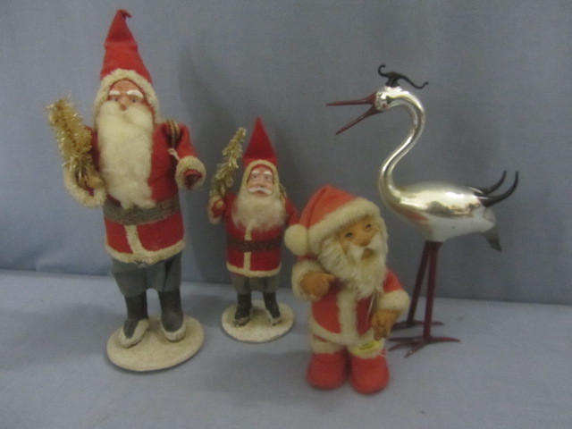 German Bobblehead, Paper Mache Santas, German Glass Stork
