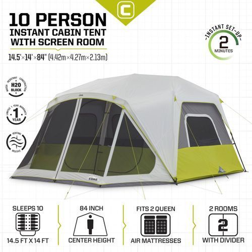lot 104 image: CORE 10-person Instant Cabin Tent with Screen Room