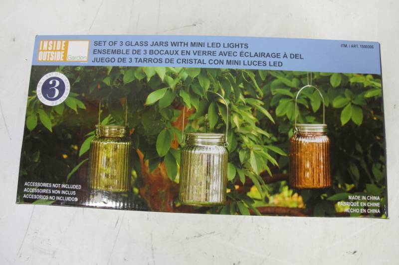 lot 51 image: Set of 3 Inside Outside Garden Glass Jars with Mini LED Lights