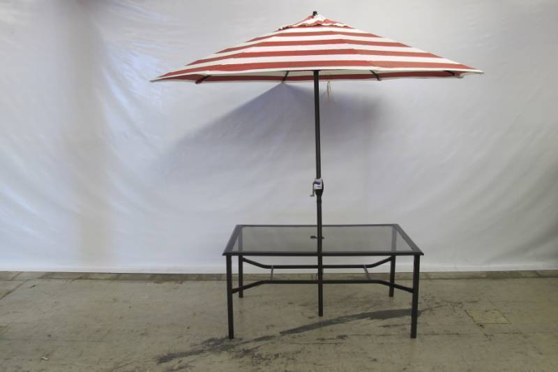 lot U3 image: Sunline Traditional 9 ft. Tiltable Red White Stripe Market Umbrella - No BASETABLE INCLUDED