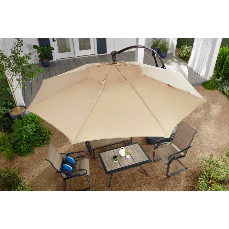 lot 75 image: Hampton Bay 11 ft. Aluminum Cantilever Solar LED Offset Patio Umbrella in Putty