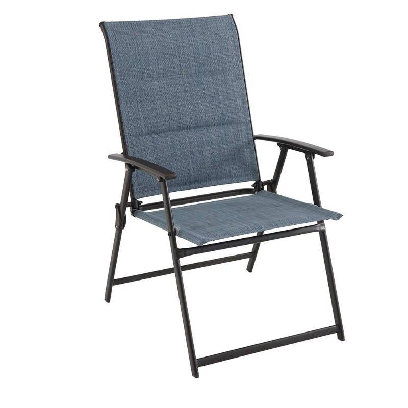 lot 15 image: Pair of Hampton Bay Mix and Match Folding Steel Outdoor Dining Chairs in Denim Sling (2-Pack)