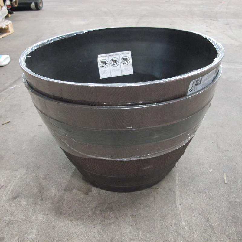 lot 149 image: Pair of Southern Patio 20 in. Resin Whiskey Barrel PlantersPots - NEW