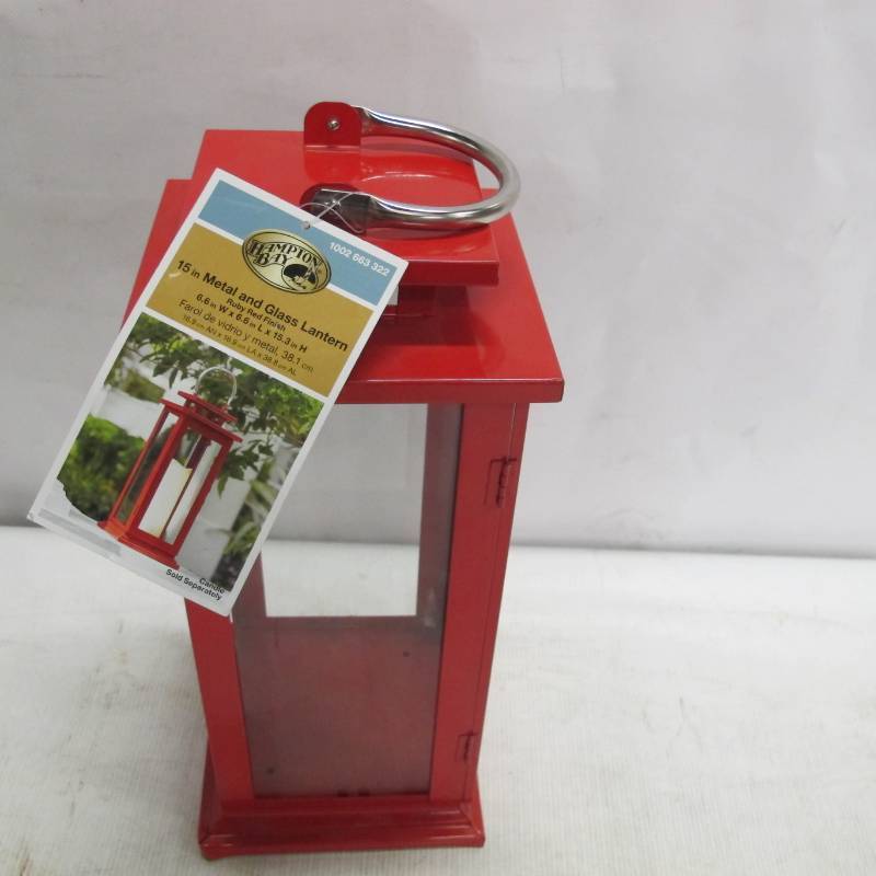lot 259 image: Hampton Bay 15 inch Metal and Glass Lantern in Ruby Red Finish