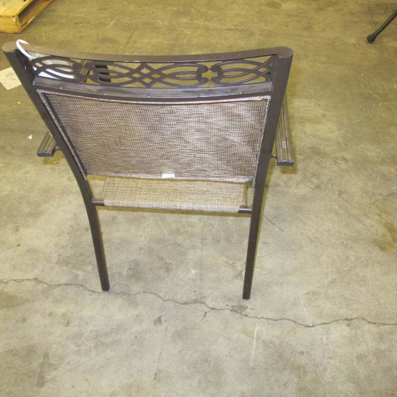 lot 172 image: Hampton Bay Stacking Deco Sling Chair - Brown Finish  Beige Fabric