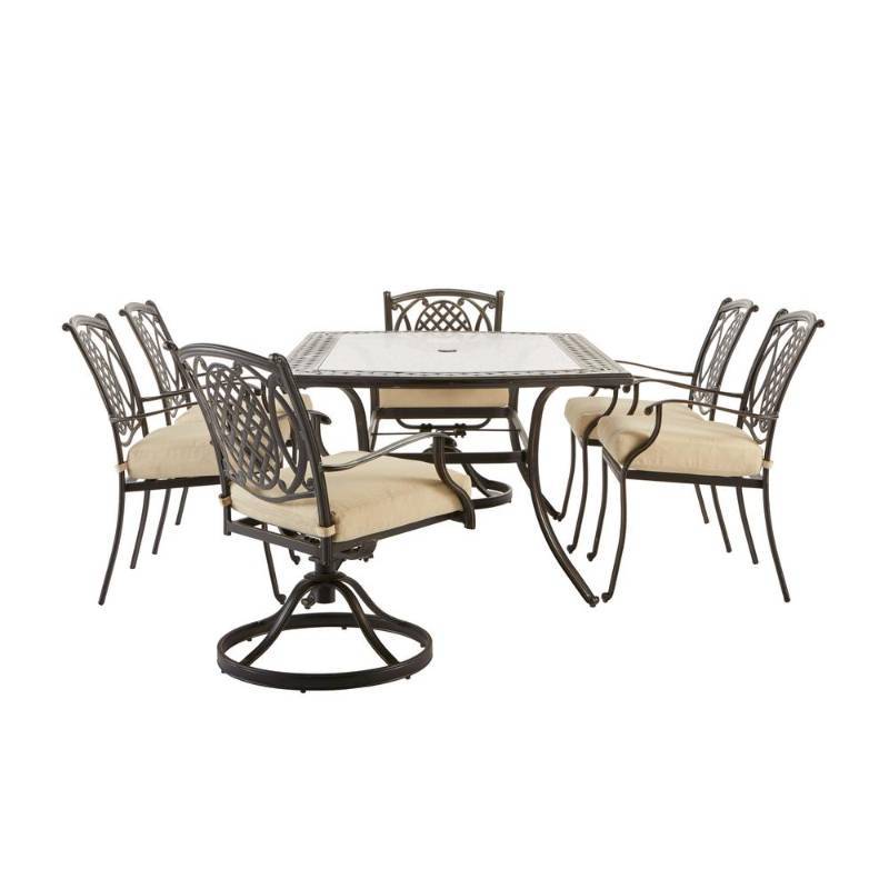 lot 201 image: Hampton Bay Belcourt 7-Piece Metal Outdoor Dining Set with CushionGuard Oatmeal Cushions