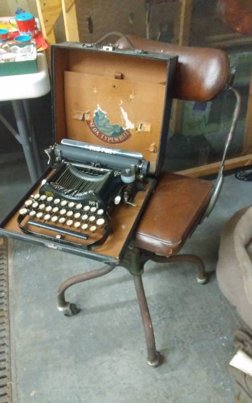 lot 40 image: Vintage Office Chair On Wheels, Vintage The Fox No. 1 Manual Portable Type Writer With Case & Key #1
