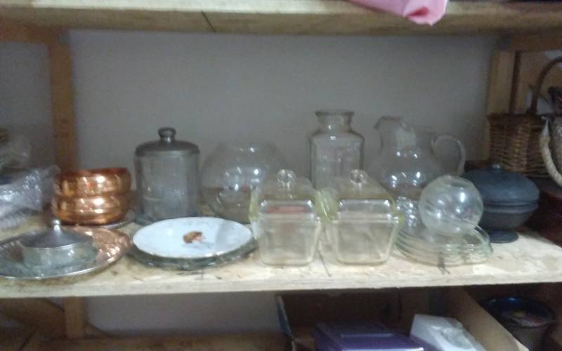 lot 48 image: 2-Boxes Copper Ware & Other Metals, Glassware, Pitcher, Old Biscuit Jar