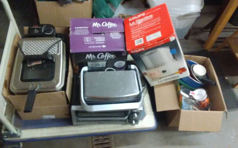 lot 50 image: Kitchen Small Appliances T-Fal Deep Fryer, Krups Ice Cream Maker, Mr. Coffee, Amblano Sandwich Press, Toaster Oven,box-Pans, Utensils, Misc.