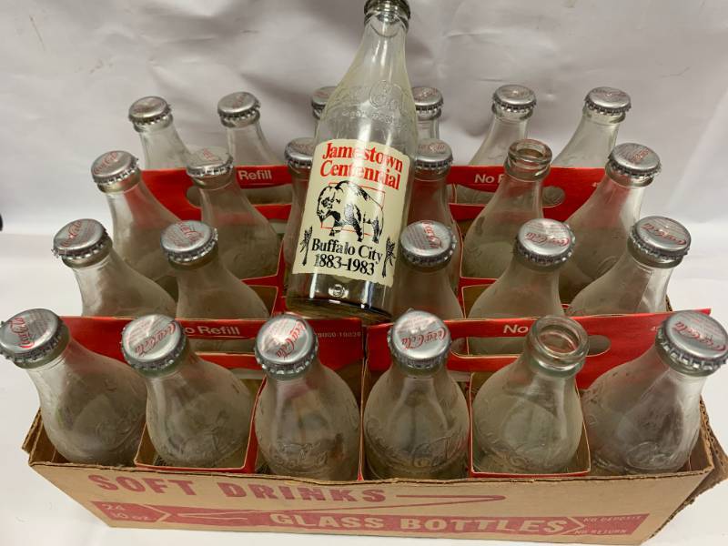 lot 90 image: Full Case Vintage Jamestown ND Centennial Coke Bottles