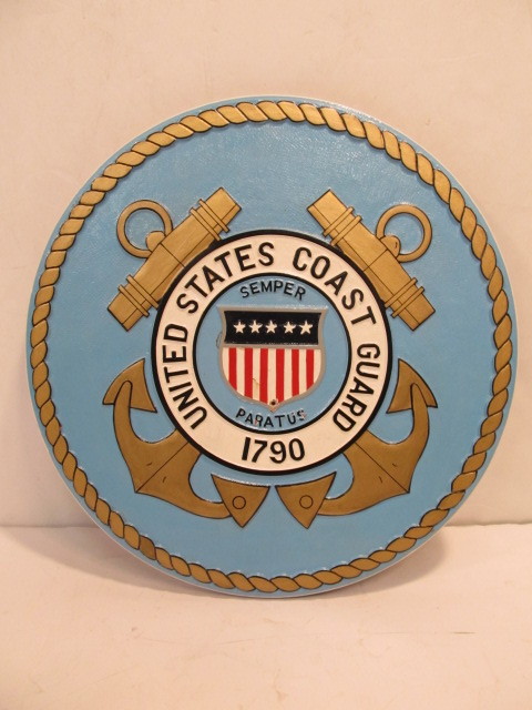 lot 122 image: Quality Carved & Painted Solid Wood American COAST GUARD Wall Plaque