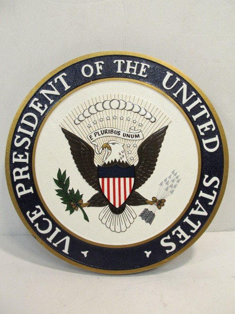 lot 123 image: Quality Carved & Painted Solid Wood American Vice Presidential Seal Wall Plaque