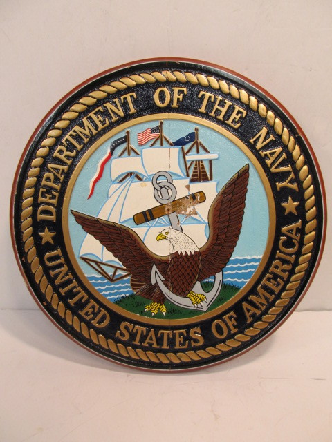 lot 124 image: Quality Carved & Painted Solid Wood American CUS NAVY Wall Plaque