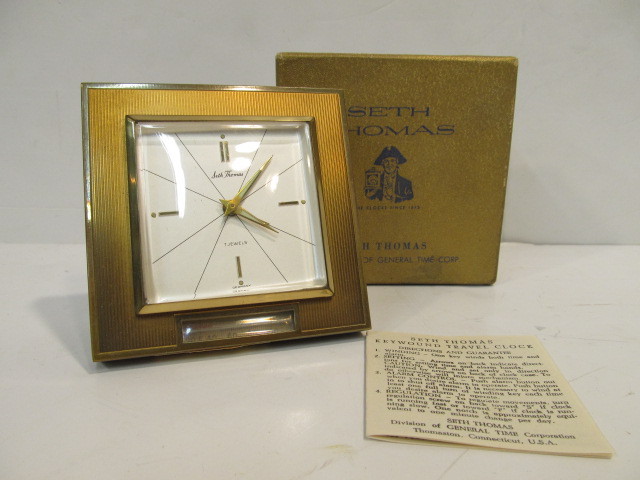 lot 131 image: Vintage Mid Century SETH THOMAS 7-Jewel Vista Combination Desk ClockThermometer