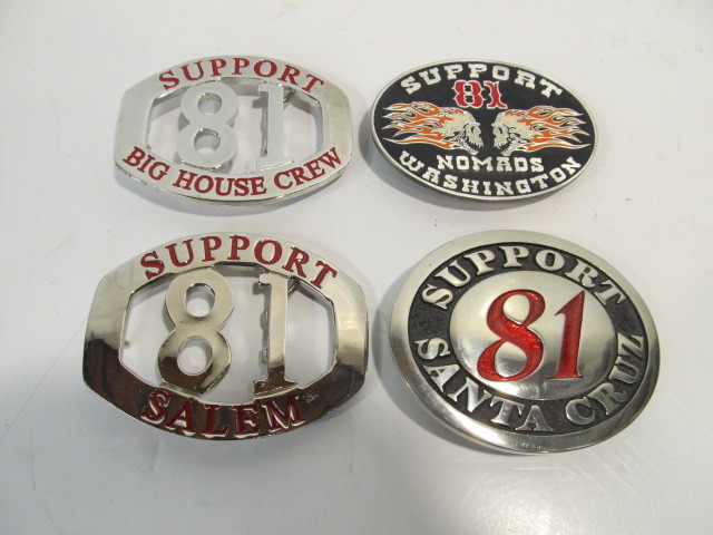 lot 140 image: Group of 4 Hells Angels Local 81 Motorcycle Club Belt Buckles