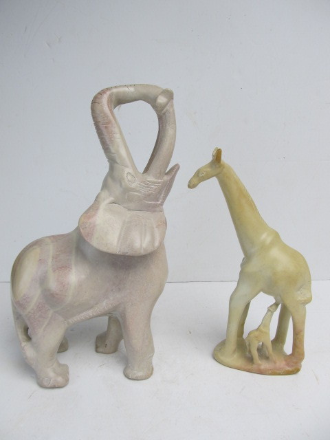 lot 29 image: Large Vintage Carved Stone Elephant & Giraffe Sculptures