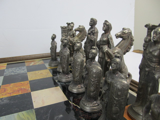lot 97 image: Vintage Heavy Cast Metal Brevettato Greek & Roman Chess Set