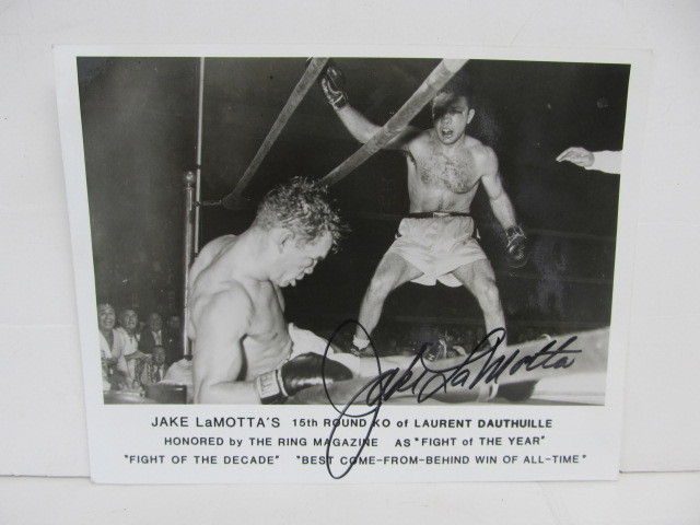 lot 100 image: Autographed Vintage Jake LaMotta Boxing Knockout Photo