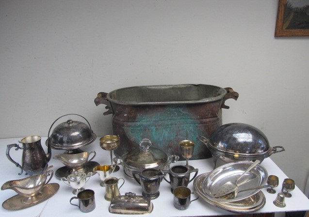 lot 101 image: Large Lot of Vintage & Antique Silver Plated Items wCopper Boiler